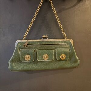 Cynthia Rowley Vintage Green Leather Clutch A-frame W/ Kiss Lock Clasp Gold